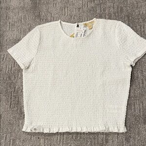 Michael Kors Womens White Smocked Short Sleeve Crop Top Size L NWT